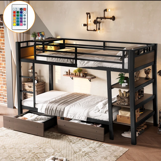 Alt view image 2 of 7 - Twin Size Metal Bunk Bed with Storage Shelves , LED light strip, and USB power strip, black