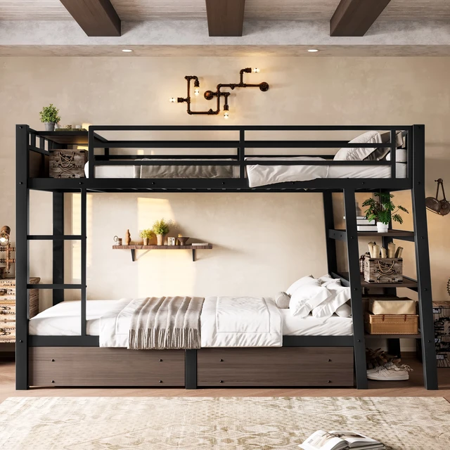 Alt view image 3 of 7 - Twin Size Metal Bunk Bed with Storage Shelves , LED light strip, and USB power strip, black