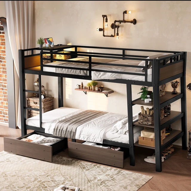 Alt view image 4 of 7 - Twin Size Metal Bunk Bed with Storage Shelves , LED light strip, and USB power strip, black