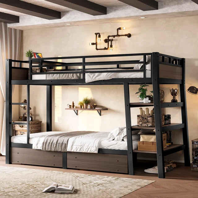 Alt view image 5 of 7 - Twin Size Metal Bunk Bed with Storage Shelves , LED light strip, and USB power strip, black