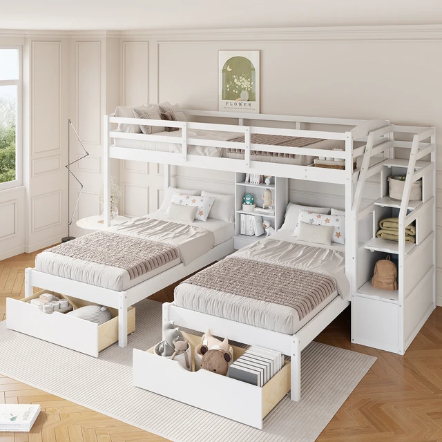 Alt view image 2 of 7 - Twin over Twin&Twin Bunk Bed, Triple Bunk Bed with Drawers, Staircase with Storage, Built-in Shelves, White