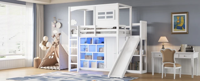 Alt view image 5 of 7 - Wood Twin Size Loft Bed with Wardrobe, Storage Shelves, Slide and LED, White