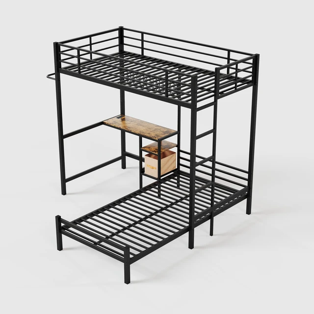 Alt view image 4 of 7 - Bunk Bed Twin Over Twin Size with Desk Station L-Shaped Metal Bunk Bed Storage Shelves and Drawers Loft Beds with Safety Guardrail and Ladder for Teen,Black