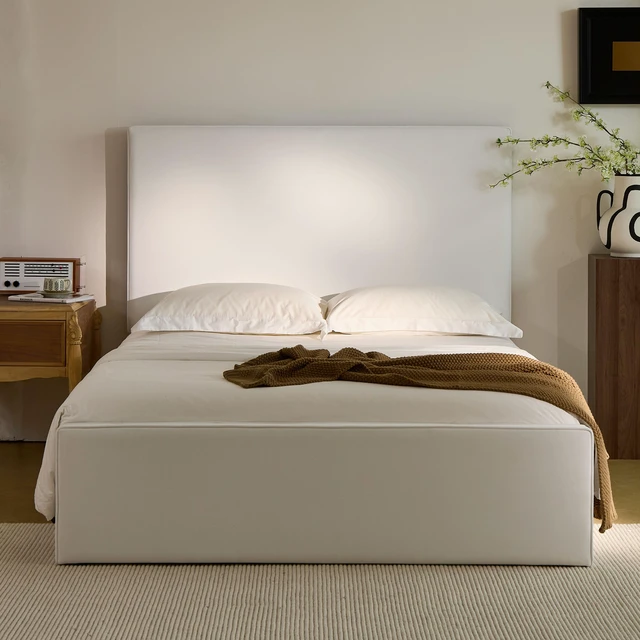 Main image of Lucas Tall Headboard Upholstered Bed / 52" High Headboard / Elegant Simplicity / No Box Spring Needed / Easy Assembly / Queen / Coconut Micro Suede