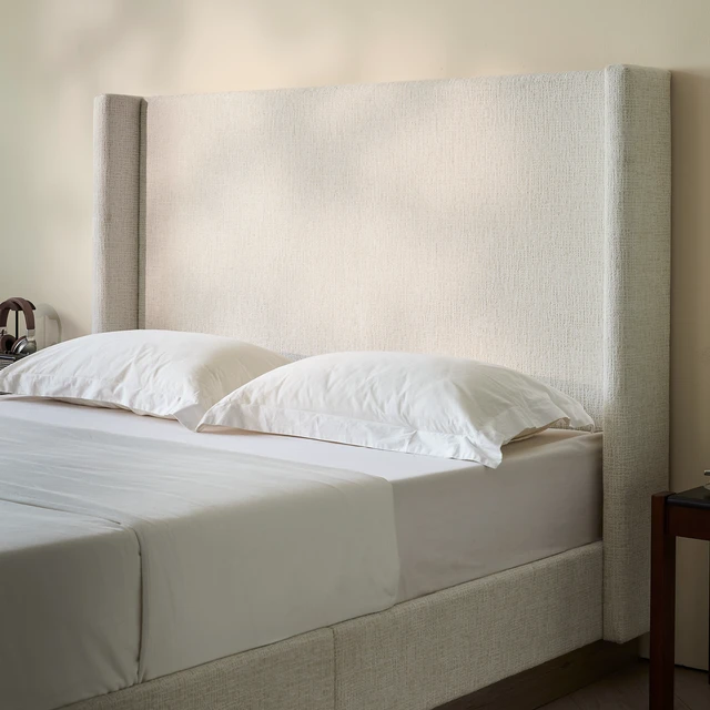 Alt view image 3 of 7 - Hosford Upholstered Wingback Bed / Upholstered Wood Base Platform Bed / 52.5" High Headboard / Minimalist / Rusticity / No Box Spring Needed / King / Oat Boucle / No Noise