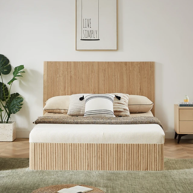 Alt view image 2 of 6 - Queen Size Lift Up Storage Bed Frame, Wooden corrugated curved lines, Hydraulic Storage/No Box Spring Needed, Oak.