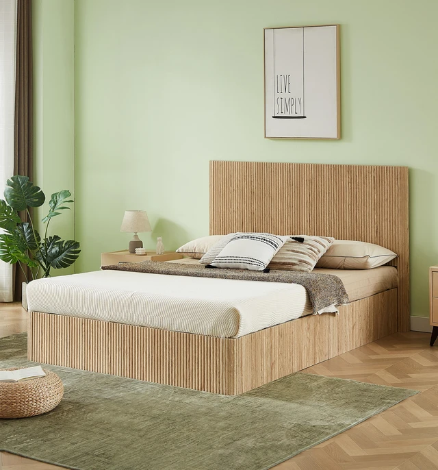 Main image of Queen Size Lift Up Storage Bed Frame, Wooden corrugated curved lines, Hydraulic Storage/No Box Spring Needed, Oak.