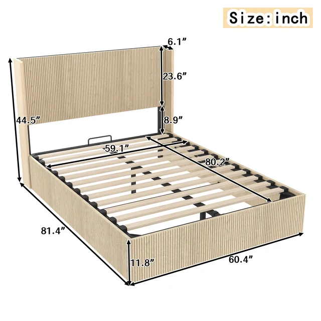 Alt view image 7 of 7 - A large raised and undulating storage bed frame with grooves. The wooden platform bed frame has a storage function that can be lifted, without requiring a spring box / no noise. Oak color ( Queen)