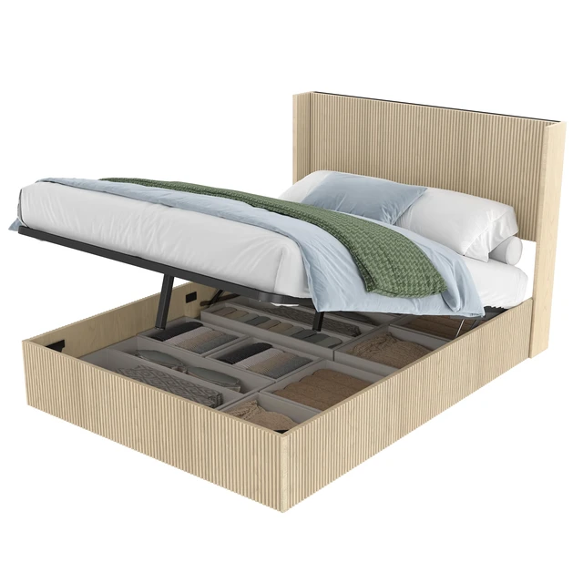 Alt view image 4 of 7 - A large raised and undulating storage bed frame with grooves. The wooden platform bed frame has a storage function that can be lifted, without requiring a spring box / no noise. Oak color ( Queen)