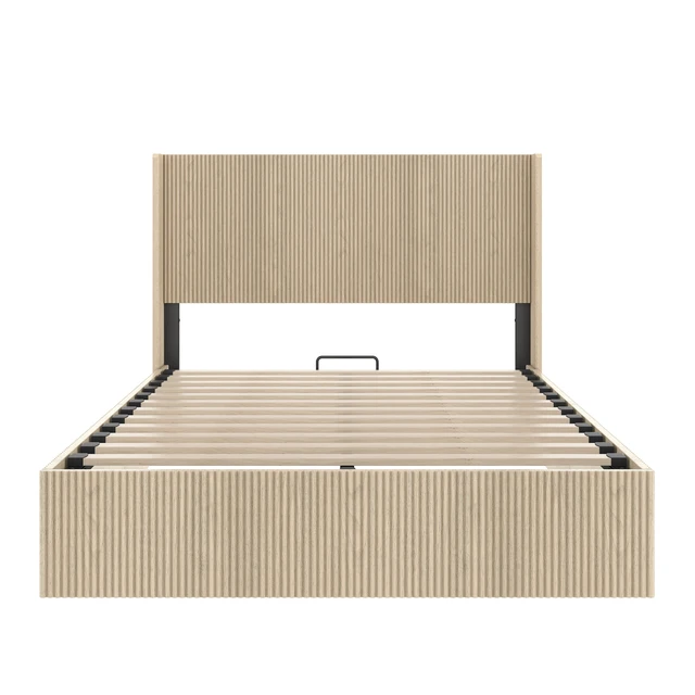 Alt view image 5 of 7 - A large raised and undulating storage bed frame with grooves. The wooden platform bed frame has a storage function that can be lifted, without requiring a spring box / no noise. Oak color ( Queen)