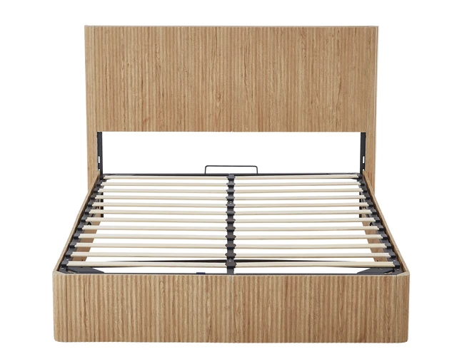 Alt view image 4 of 6 - Queen Size Lift Up Storage Bed Frame, Wooden corrugated curved lines, Hydraulic Storage/No Box Spring Needed, Oak.