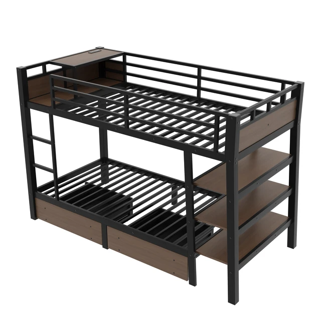 Alt view image 7 of 7 - Twin Size Metal Bunk Bed with Storage Shelves , LED light strip, and USB power strip, black