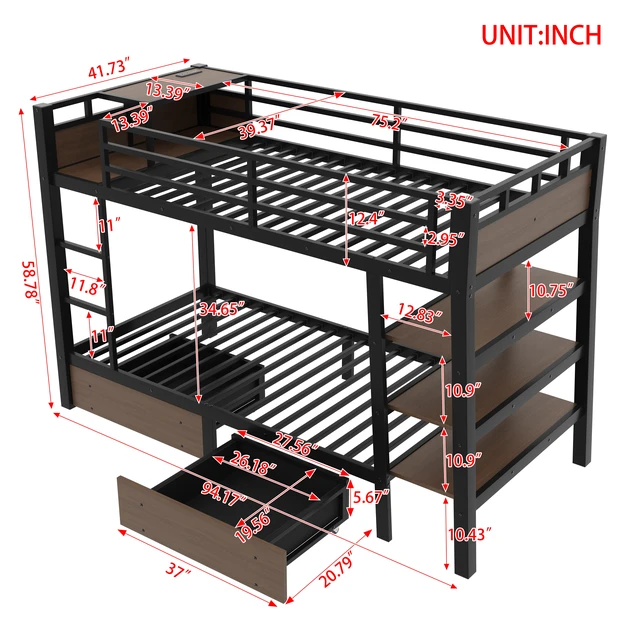 Alt view image 6 of 7 - Twin Size Metal Bunk Bed with Storage Shelves , LED light strip, and USB power strip, black