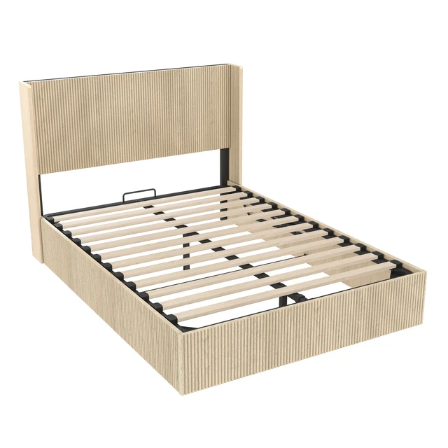 Alt view image 6 of 7 - A large raised and undulating storage bed frame with grooves. The wooden platform bed frame has a storage function that can be lifted, without requiring a spring box / no noise. Oak color ( Queen)
