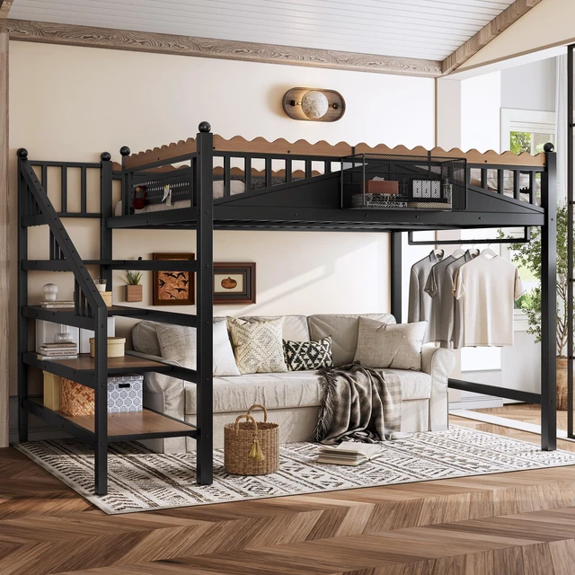 Main image of Queen Size Loft Bed with Storage Stairs, Metal Loft Beds Frame with Storage Shelves and bookshelf, Loft Bed for Bedroom, Guest, Dorms, Black