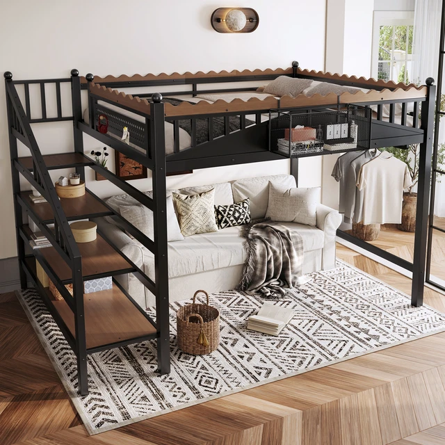 Alt view image 2 of 7 - Queen Size Loft Bed with Storage Stairs, Metal Loft Beds Frame with Storage Shelves and bookshelf, Loft Bed for Bedroom, Guest, Dorms, Black