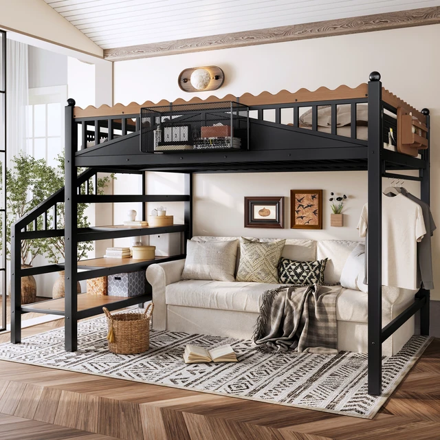 Alt view image 3 of 7 - Queen Size Loft Bed with Storage Stairs, Metal Loft Beds Frame with Storage Shelves and bookshelf, Loft Bed for Bedroom, Guest, Dorms, Black