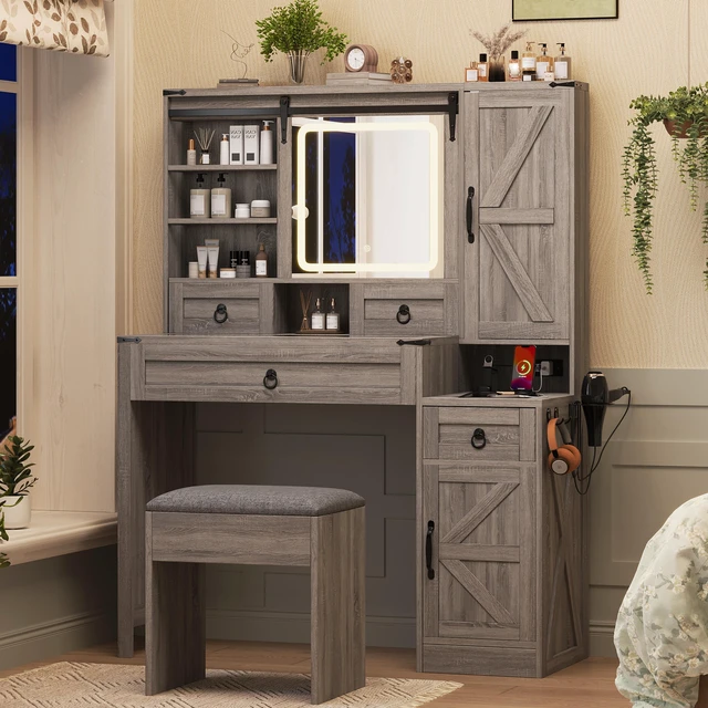 Alt view image 3 of 7 - Farmhouse Vanity Desk with Sliding Mirror and Lights, Vanity Set with Glass Top and Charging Station ,Dressing Table with 4 Drawers and 2 Cabinets, Dressing Table with Stool for Bedroom, Gray