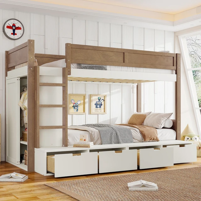 Main image of Twin over Twin/Twin XL over Full Bunk Bed with 4 Storage Drawers, Solid Wood Bunk Bed with Built-in Wardrobe and Full-length Guardrails, No Box Spring Needed, Beige & Natural