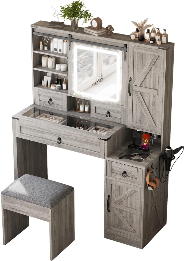 Alt view image 4 of 7 - Farmhouse Vanity Desk with Sliding Mirror and Lights, Vanity Set with Glass Top and Charging Station ,Dressing Table with 4 Drawers and 2 Cabinets, Dressing Table with Stool for Bedroom, Gray
