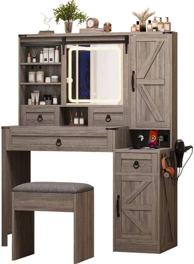 Alt view image 6 of 7 - Farmhouse Vanity Desk with Sliding Mirror and Lights, Vanity Set with Glass Top and Charging Station ,Dressing Table with 4 Drawers and 2 Cabinets, Dressing Table with Stool for Bedroom, Gray