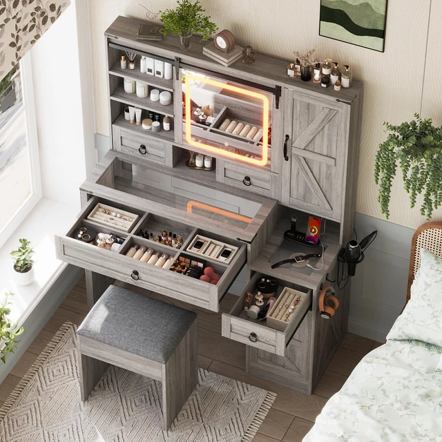 Alt view image 2 of 7 - Farmhouse Vanity Desk with Sliding Mirror and Lights, Vanity Set with Glass Top and Charging Station ,Dressing Table with 4 Drawers and 2 Cabinets, Dressing Table with Stool for Bedroom, Gray