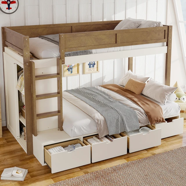 Alt view image 2 of 7 - Twin over Twin/Twin XL over Full Bunk Bed with 4 Storage Drawers, Solid Wood Bunk Bed with Built-in Wardrobe and Full-length Guardrails, No Box Spring Needed, Beige & Natural