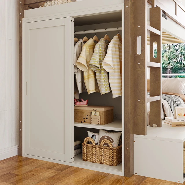 Alt view image 5 of 7 - Twin over Twin/Twin XL over Full Bunk Bed with 4 Storage Drawers, Solid Wood Bunk Bed with Built-in Wardrobe and Full-length Guardrails, No Box Spring Needed, Beige & Natural