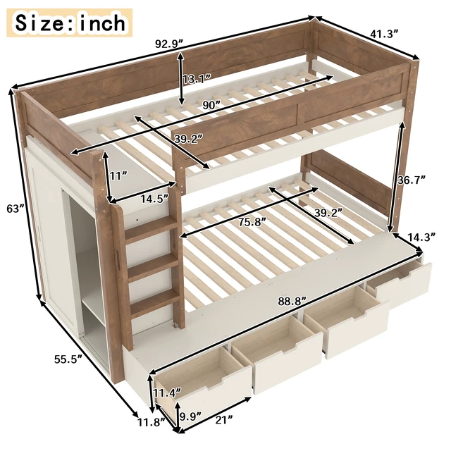 Alt view image 6 of 7 - Twin over Twin/Twin XL over Full Bunk Bed with 4 Storage Drawers, Solid Wood Bunk Bed with Built-in Wardrobe and Full-length Guardrails, No Box Spring Needed, Beige & Natural