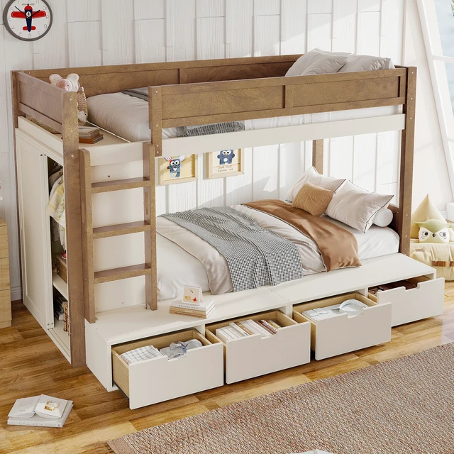 Alt view image 3 of 7 - Twin over Twin/Twin XL over Full Bunk Bed with 4 Storage Drawers, Solid Wood Bunk Bed with Built-in Wardrobe and Full-length Guardrails, No Box Spring Needed, Beige & Natural