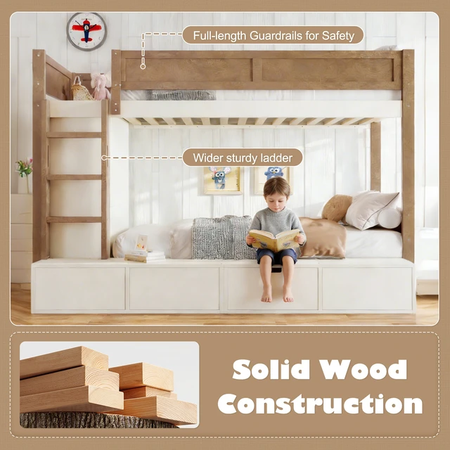 Alt view image 7 of 7 - Twin over Twin/Twin XL over Full Bunk Bed with 4 Storage Drawers, Solid Wood Bunk Bed with Built-in Wardrobe and Full-length Guardrails, No Box Spring Needed, Beige & Natural
