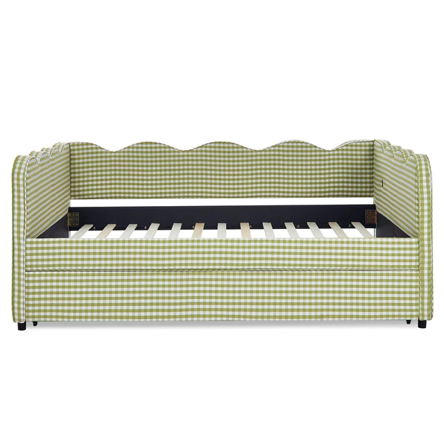 Alt view image 5 of 7 - Full Size Cozy Gingham Daybed with Twin Size Trundle No Box Spring Needed, with USB Port and Adorable Wave Shaped, Linen Fabric