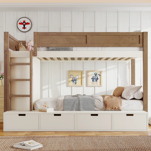 Alt view image 4 of 7 - Twin over Twin/Twin XL over Full Bunk Bed with 4 Storage Drawers, Solid Wood Bunk Bed with Built-in Wardrobe and Full-length Guardrails, No Box Spring Needed, Beige & Natural