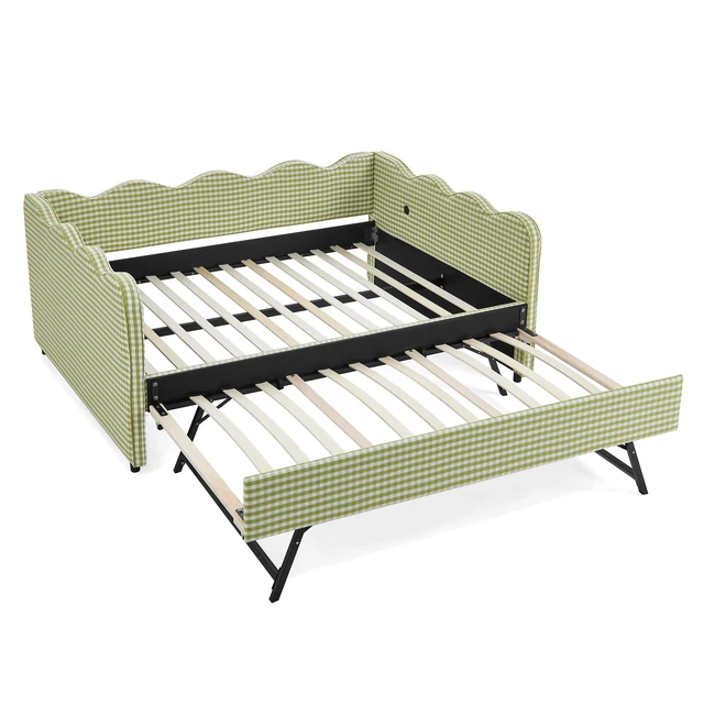 Alt view image 6 of 7 - Full Size Cozy Gingham Daybed with Twin Size Trundle No Box Spring Needed, with USB Port and Adorable Wave Shaped, Linen Fabric