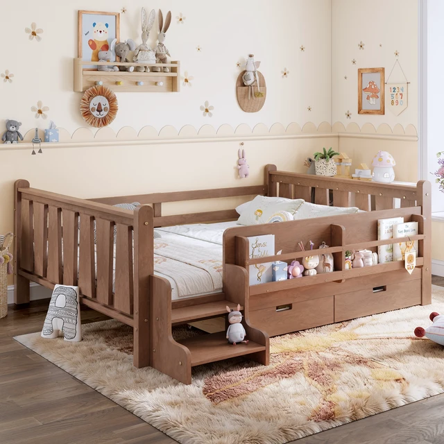 Alt view image 3 of 7 - Full Size Floor Bed with Storage Bookcases and Drawers, Solid Wood Kids Floor Bed with Cute Stairs and Guardrails, No Box Spring Needed, Natural