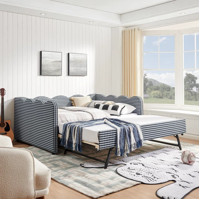 Main image of Full Size Cozy Gingham Daybed with Twin Size Trundle No Box Spring Needed, with USB Port and Adorable Wave Shaped, Linen Fabric