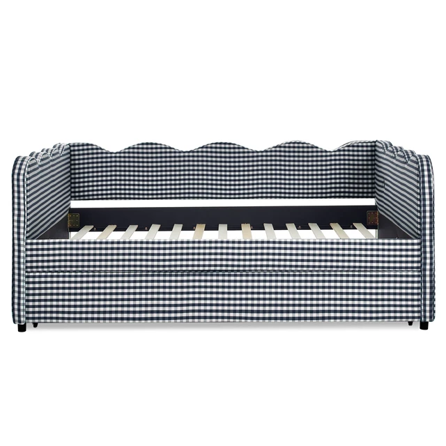 Alt view image 4 of 7 - Full Size Cozy Gingham Daybed with Twin Size Trundle No Box Spring Needed, with USB Port and Adorable Wave Shaped, Linen Fabric