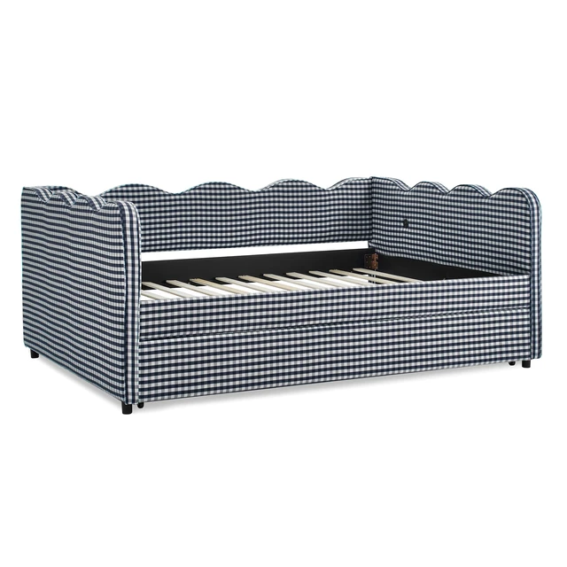 Alt view image 3 of 7 - Full Size Cozy Gingham Daybed with Twin Size Trundle No Box Spring Needed, with USB Port and Adorable Wave Shaped, Linen Fabric