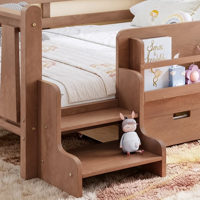 Alt view image 6 of 7 - Full Size Floor Bed with Storage Bookcases and Drawers, Solid Wood Kids Floor Bed with Cute Stairs and Guardrails, No Box Spring Needed, Natural