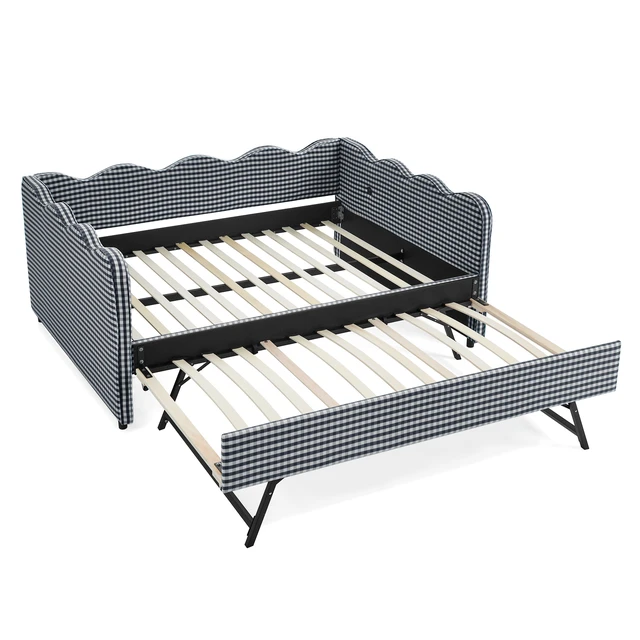 Alt view image 7 of 7 - Full Size Cozy Gingham Daybed with Twin Size Trundle No Box Spring Needed, with USB Port and Adorable Wave Shaped, Linen Fabric