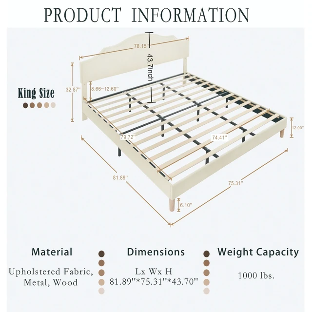 Alt view image 4 of 6 - King Size Bed Frame Upholstered Platform Bed with Adjustable Headboard,Linen Fabric Padded,Modern Simple Style Platform Bed No Box Spring Needed, Easy Assembly, Beige