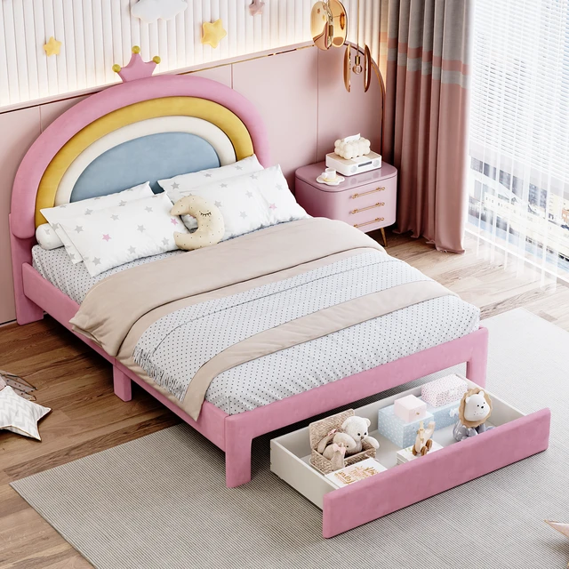 Alt view image 3 of 7 - Full Size Upholstered Rainbow Design Bed, Velvet Princess Platform Bed with Storage Drawer, No Box-spring Needed,Colorful&Pink