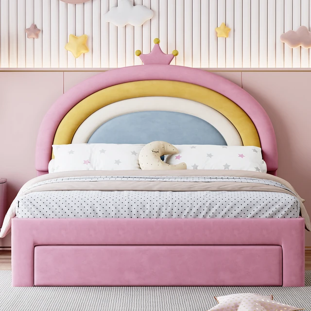 Alt view image 2 of 7 - Full Size Upholstered Rainbow Design Bed, Velvet Princess Platform Bed with Storage Drawer, No Box-spring Needed,Colorful&Pink
