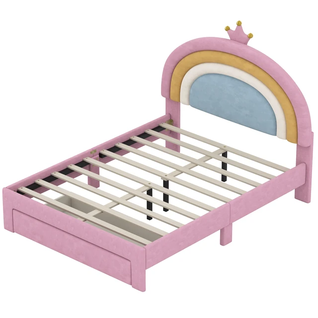 Alt view image 6 of 7 - Full Size Upholstered Rainbow Design Bed, Velvet Princess Platform Bed with Storage Drawer, No Box-spring Needed,Colorful&Pink