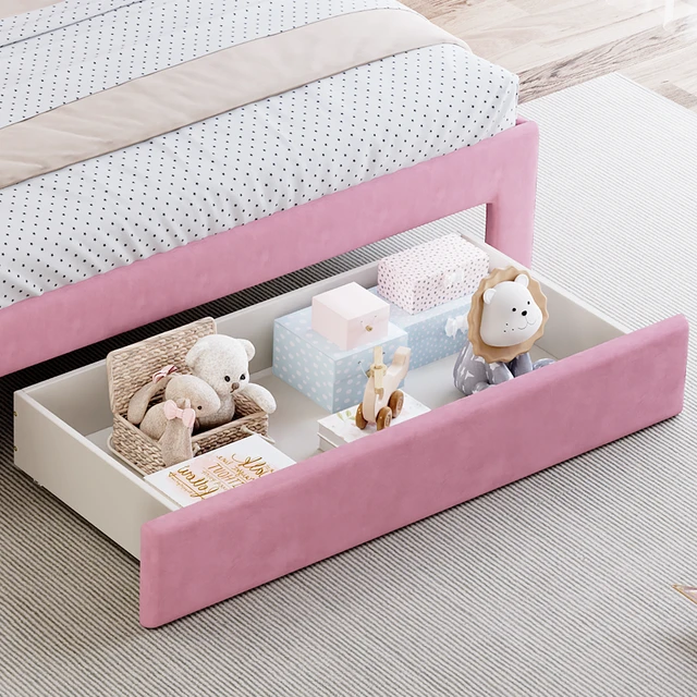 Alt view image 5 of 7 - Full Size Upholstered Rainbow Design Bed, Velvet Princess Platform Bed with Storage Drawer, No Box-spring Needed,Colorful&Pink