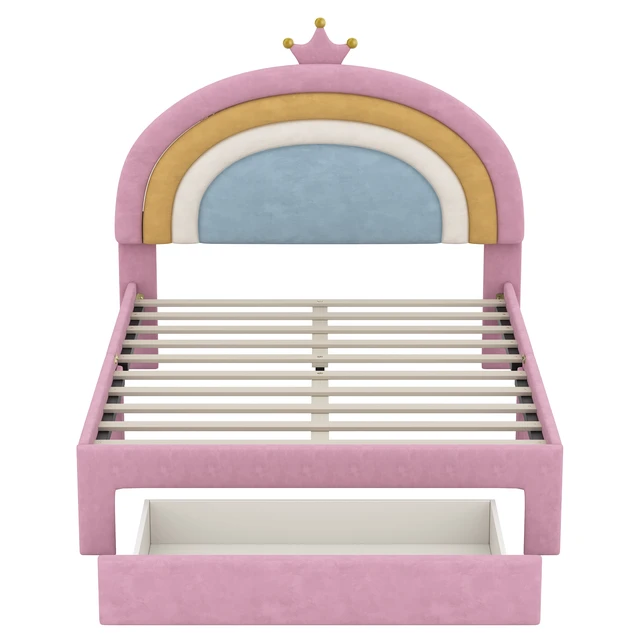 Alt view image 7 of 7 - Full Size Upholstered Rainbow Design Bed, Velvet Princess Platform Bed with Storage Drawer, No Box-spring Needed,Colorful&Pink