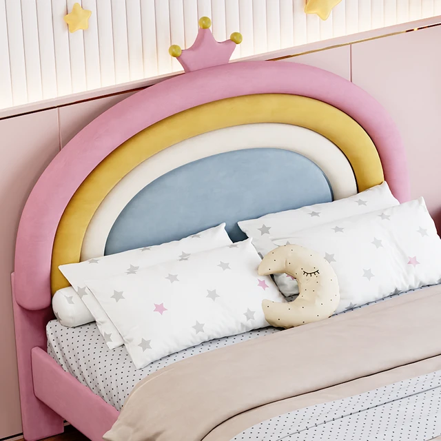 Alt view image 4 of 7 - Full Size Upholstered Rainbow Design Bed, Velvet Princess Platform Bed with Storage Drawer, No Box-spring Needed,Colorful&Pink