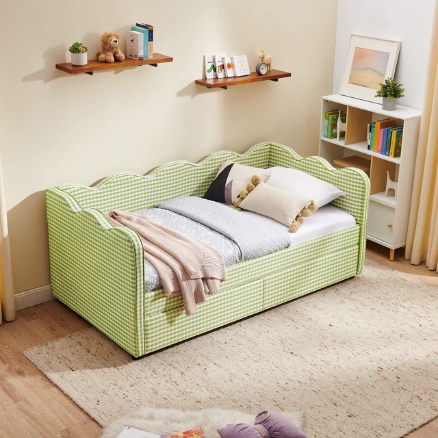 Alt view image 5 of 7 - Twin Size Cozy Gingham Daybed with Two Storage Drawers, with USB Port and Adorable Wave Shaped, Linen Fabric