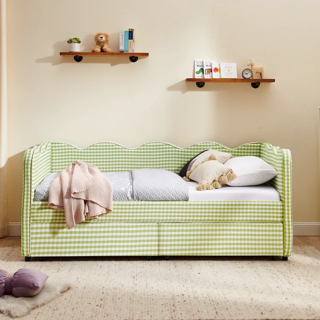 Alt view image 3 of 7 - Twin Size Cozy Gingham Daybed with Two Storage Drawers, with USB Port and Adorable Wave Shaped, Linen Fabric