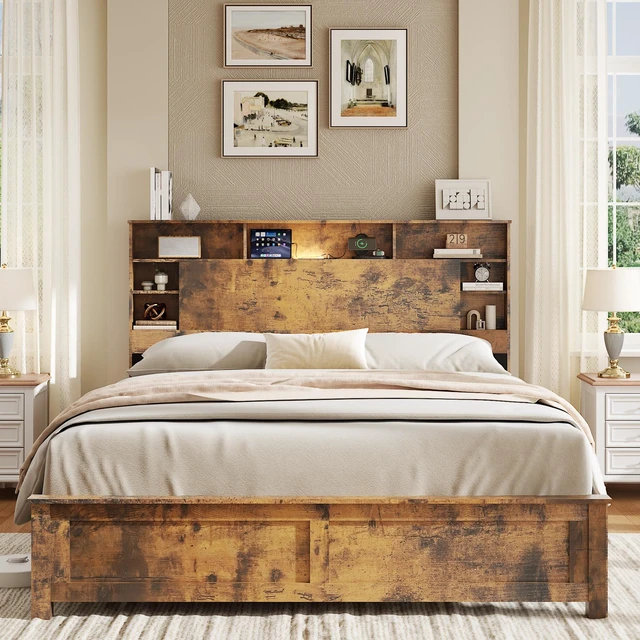 Main image of Wood Queen Bed Frame with Storage Headboard - Bed Frame QUEEN Size with Charging Station & LED Lights, Wood Bedframe Queen-Size with Bookcase, Platform Beds, No Box Spring Needed, Dark Brown